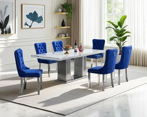 Miniatura 25 de Juego de mesa de comedor de mármol para 4, mesa de cocina rectangular de mármol negro de 68 pulgadas con base en H de acero inoxidable dorado, juego