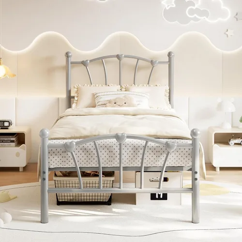 Miniatura 9 de GarveeHome Marco de cama de tamaño individual, marco de cama de metal en forma de corazón con cabecera y estribo, marco de cama de plataforma