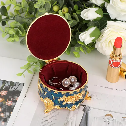 Miniatura 4 de Hipiwe Joyero de metal antiguo para anillos, aretes, caja de tesoros, caja pequeña de baratija, caja redonda de exhibición de joyas, organizador