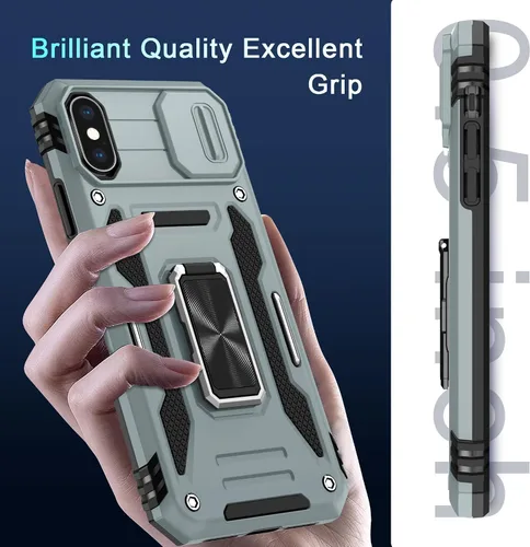 Miniatura 326 de DEERLAMN Funda para iPhone Xs Max con funda deslizante para cámara + protector de pantalla, soporte giratorio de anillo de grado militar a prueba