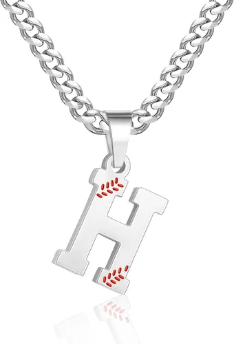 Miniatura 49 de Avotto Collar de béisbol con letra inicial de la A a la Z para niños y hombres, cadena cubana de acero inoxidable resistente que no se decolora