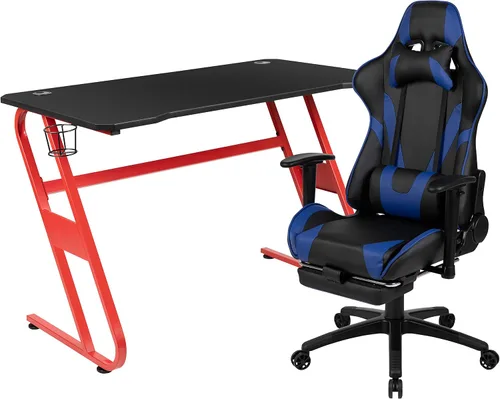 Miniatura 35 de Flash Furniture Juego de escritorio para juegos negro y silla de carreras blanco/negro con soporte para tazas, gancho para auriculares y soporte