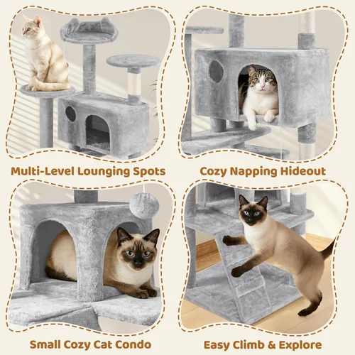 Miniatura 4 de Yaheetech Árbol para Gatos Multinivel de 70 Pulgadas Torre Alta para Gatos Mueble para Gatos con Condominio, Postes Rascadores y Pelota Colgante Gris