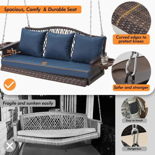 Miniatura 2 de ZZW Columpio colgante de mimbre mejorado para porche, resistente de 900 libras, 3 asientos, para patio, para adultos, con cadenas colgantes de 8.9