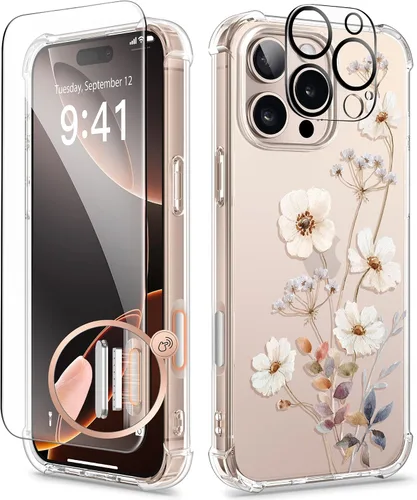Miniatura 24 de GVIEWIN Funda diseñada para iPhone 13 de 6.1 pulgadas, con protector de pantalla de vidrio templado + protector de lente de cámara, flor Hibisco