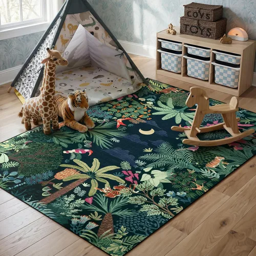 Miniatura 19 de LIVEBOX Alfombra lavable con estampado de animales de la jungla de 5 x 7 pies en azul para sala de estar, alfombras antideslizantes para dormitorio