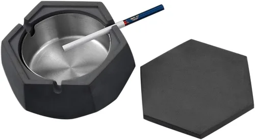 Miniatura 3 de FREELOVE CUILV - Cenicero de concreto con tapa y revestimiento de acero inoxidable, cenicero geométrico de cemento Wabi-Sabi para uso en interiores