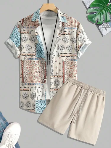 Miniatura 3 de COZYEASE Conjunto de 2 piezas de camisa y pantalones cortos de manga corta con botones y estampado floral para hombre