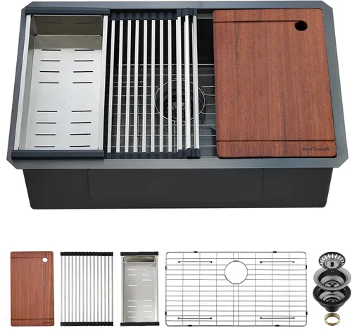 Miniatura 13 de Fregadero de cocina de montaje inferior, fregadero de cocina de acero inoxidable calibre 16, fregadero de cocina de 33 x 19 x 10 pulgadas