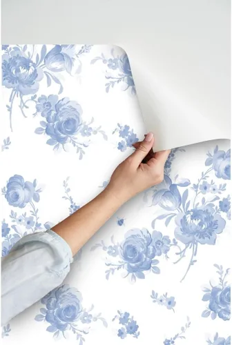 Miniatura 3 de Papel tapiz para despegar y pegar, romántico, floral, azul, blanco, shabby chic, flores descoloridas de primavera, papel tapiz extraíble