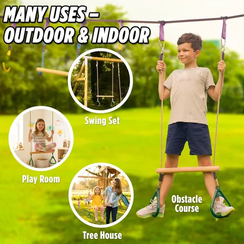 Miniatura 6 de Barra de trapecio de trapecio de madera para niños - 45,7 cm de altura ajustable Barras de mono con anillos de juego conjunto de columpio - Carrera