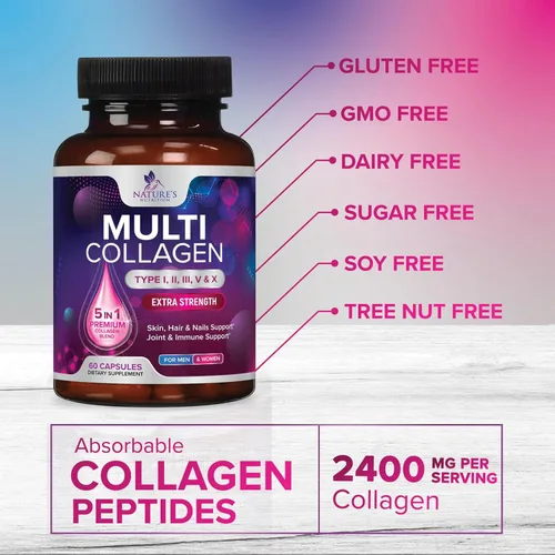 Miniatura 6 de Píldoras de complejo de colágeno múltiple, cápsulas de péptidos de colágeno hidrolizados para mujeres y hombres - Tipos I, II, III, V, X Multi