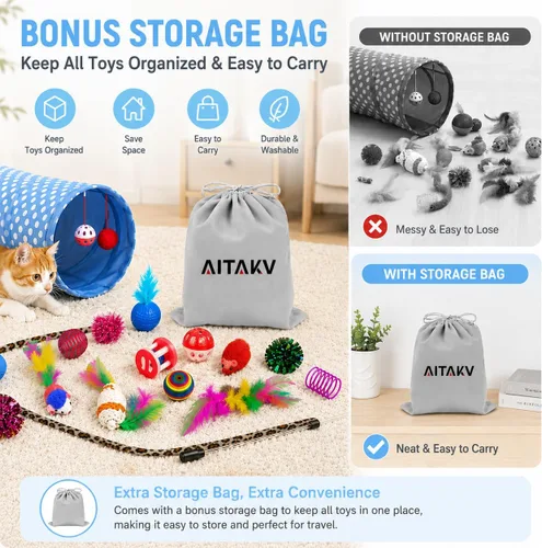 Miniatura 3 de AILUKI 35 PCS Surtidos de juguetes para gatos y gatitos, variedad de juguetes de hierba gatera que incluye túnel de 2 vías, vara con plumas