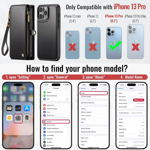 Miniatura 7 de Defencase Funda magnética para iPhone 13 Pro compatible con Magsafe con bloqueo RFID, correa de cremallera y tarjetero para mujer, funda de piel