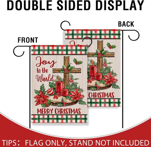 Miniatura 4 de Artofy Bandera de jardín decorativa pequeña cristiana de Feliz Navidad, cruz religiosa, flor de pascua, decoración exterior de césped, vela
