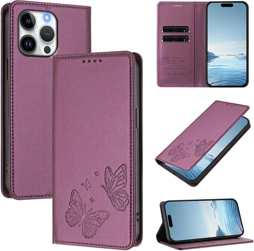 Miniatura 2 de Butterfly Embossed Leather Wallet Flip Case for Motorola Moto E22 4G, Magnetic Closure, RFID Blocking Cover, Card Holder Purple.