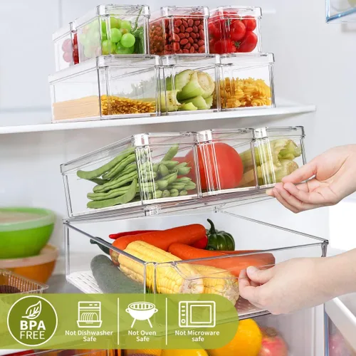 Miniatura 2 de Paquete de 10 cubos organizadores de despensa para refrigerador, cubos organizadores apilables para refrigerador con tapas, contenedores de plástico