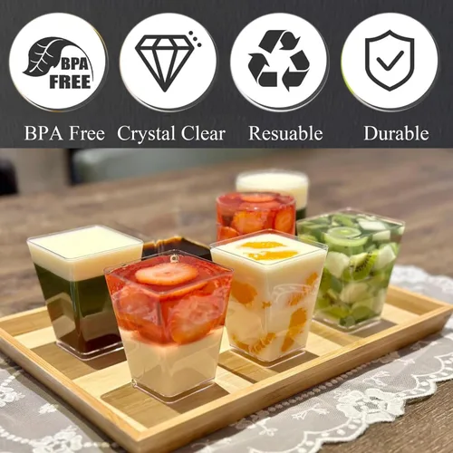 Miniatura 4 de Hiasobre Paquete de 100 vasos de plástico de 5 onzas para postre con tapas y cucharas, tazas reutilizables de parfait transparente, vasos cuadrados