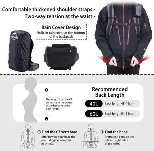 Miniatura 4 de Naturehike Rock-40L/60L+5L mochila de senderismo con marco interno, mochila de camping impermeable, mochila ultraligera para el aire libre