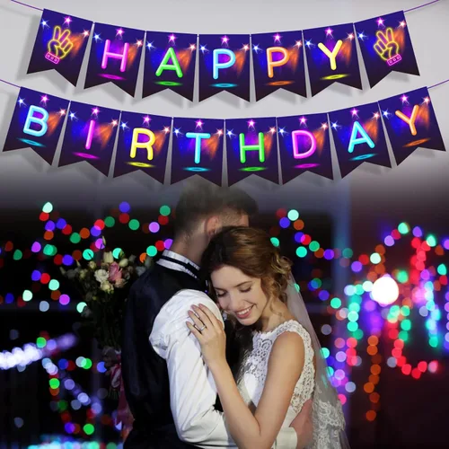 Miniatura 6 de Cartel de feliz cumpleaños brillante, decoración de fiesta brillante, letras que brillan en la oscuridad, suministros de fiesta temática para niños