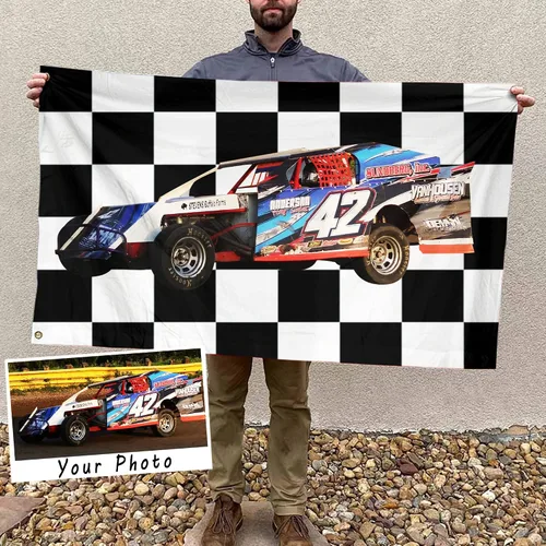 Miniatura 13 de Sprint Car Racing - Foto personalizada, nombre y número de carreras de bandera estadounidense a cuadros para amantes de las carreras de pista