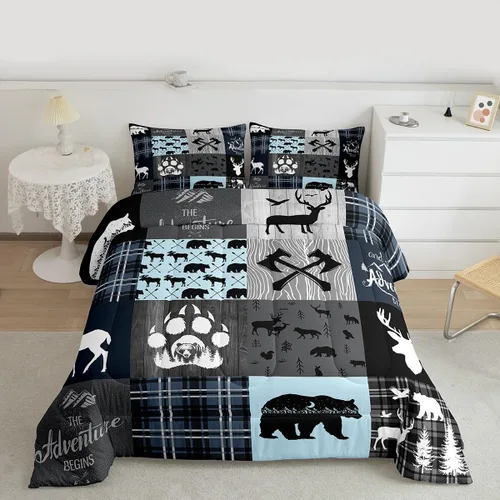 Miniatura 36 de Juego de edredón de oso y ciervo, tamaño individual, ropa de cama de animales salvajes de caza, colcha rústica de cabaña, casa de campo, cuadros