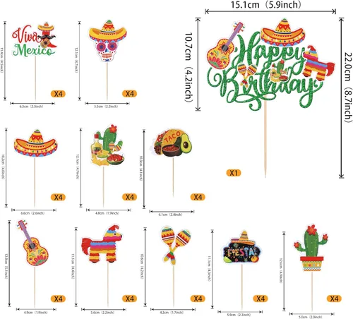 Miniatura 2 de Paquete de 41 decoraciones para tartas de cumpleaños con guitarra, cactus y burro, palillos de pimienta para fiesta mexicana, temática de baby
