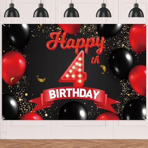 Miniatura 28 de Cartel de feliz cumpleaños 90, fondo rojo y negro, decoración de telón de fondo con globos, tema para niñas, mujeres, princesas, decoración