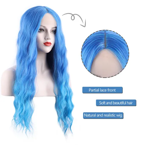 Miniatura 3 de Peluca azul larga natural ondulada sintética de fibra resistente al calor, peluca azul con ondas de agua para Halloween, cosplay, fiesta diaria Azul