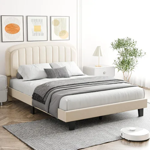 Miniatura 7 de Cozy Castle Base de cama tamaño Full, plataforma tapizada con cabecera curvada ajustable de terciopelo, base de colchón con listones de madera Crema