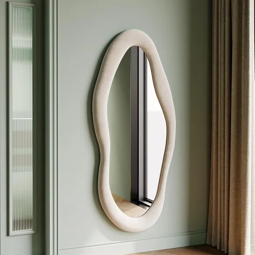 Miniatura 11 de Honyee - Espejo de cuerpo completo de 63 x 24 pulgadas, espejo de pared, marco de madera envuelto en franela, espejo de cuerpo completo ondulado Gris