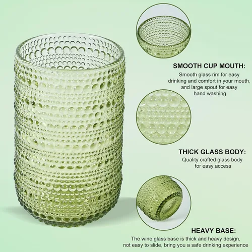Miniatura 3 de CHLJAR Hobnail - Juego de 6 vasos para beber, juego de cristalería vintage de 14 onzas, vaso de agua verde en relieve para cerveza, jugo, cóctel