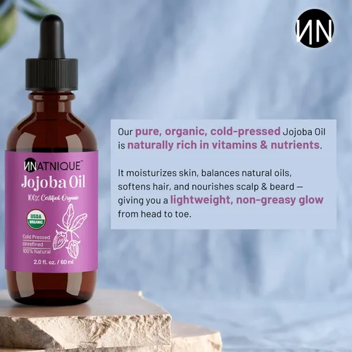 Miniatura 2 de Natnique Aceite de jojoba orgánico, cepillo incluido, certificado USDA, prensado en frío, sin refinar y sin hexano, hidratante puro para cabello