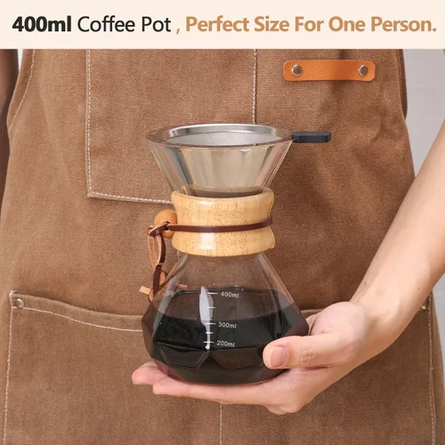 Miniatura 4 de Cafetera de Goteo 14 OZ, 4 Tazas Cafetera de Vidrio de Borosilicato con Filtro de Acero Inoxidable Reutilizable y Empuñadura de Corcho para Café