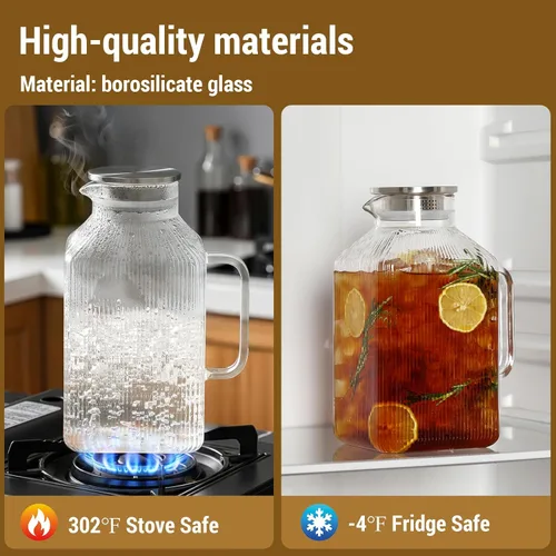 Miniatura 6 de Jarra de vidrio cuadrado grueso de 1 galón con tapa, jarras de agua clásicas a rayas para refrigerador, jarra de vidrio de borosilicato para bebidas