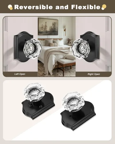 Miniatura 7 de Gobrico Juego de 3 pomos de puerta de cristal transparente, perillas de puerta de privacidad, función de cama/baño, perilla interior de forma Negro