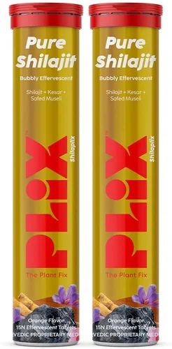 Plix Pure Himalayan Shilajit - Tabletas efervescentes de 250 mg con musli seguro y azafrán | Energía natural y apoyo de fuerza | Sabor naranja, 30