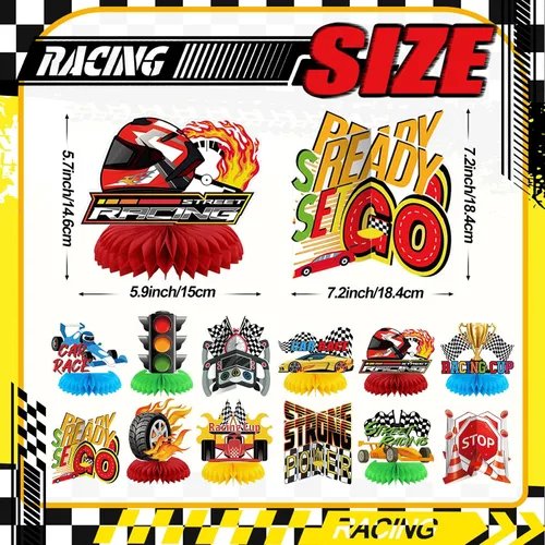 Miniatura 2 de 12 piezas temáticas de decoración de fiesta de cumpleaños de coche de carreras, centros de mesa 3D de doble cara para cabina de fotos, suministros