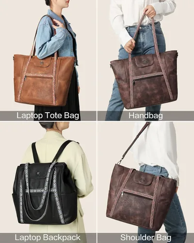 Miniatura 2 de FADEON Bolso Grande para Laptop de Cuero para Mujer, Bolso de Mano de Diseño, Mochila de Viaje a la Moda, Bolso de Hombro 1 estilo retro marrón