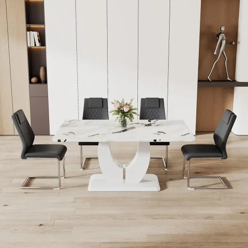 JUFU Moderno juego de mesa de comedor y 4 sillas, juego de mesa de comedor de mármol sintético blanco para 4, juego de mesa de comedor y 4 sillas de