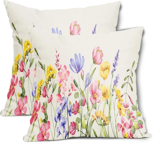 Fundas de almohada florales de primavera y verano de 16 x 16 pulgadas, coloridas flores de jardín, fundas de almohada cuadradas decorativas, fundas