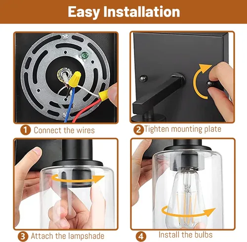 Miniatura 7 de Juego de 2 apliques de pared, juego de luces de baño negro mate, juego de luces de pared de granja, luces de tocador con pantalla de vidrio