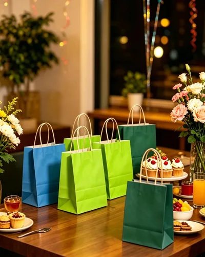 Miniatura 6 de qiqee Bolsas de regalo pequeñas de papel multicolor con asas a granel para fiesta arcoíris - 8.3"x6"x3.15" 100 piezas