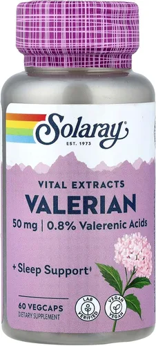 SOLARAY Extracto de raíz de valeriana 50 mg | Apoyo de relajación para un ciclo de sueño saludable | 0.8% de ácidos valerénicos | 60 CT