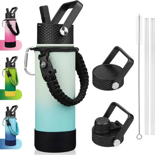 Miniatura 50 de BJPKPK - Botella de agua con tapa de popote, botellas de agua aisladas de 18 onzas con 3 tapas, asa de cuerda de paracaídas y base antideslizante