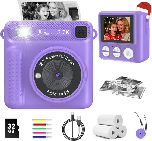 Cámara para niños con impresión instantánea, grabadora de video digital HD 1080P con tarjeta SD de 32 GB, regalos de Navidad y cumpleaños para niños
