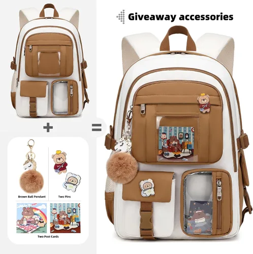 Miniatura 3 de Mochila para niñas con accesorios, bolsas para portátiles de 16 pulgadas, mochila escolar kawaii, mochila de viaje universitaria para adolescentes