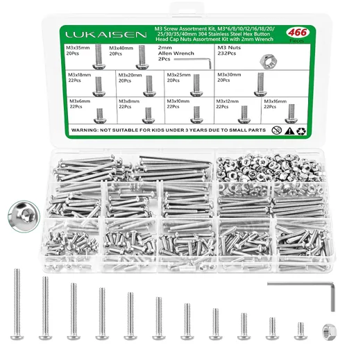 Miniatura 25 de Surtido de 1500 piezas de tornillos, tuercas y arandelas, kit de pernos y tuercas métricos M2 M3 M4 M5 M6 con cabeza hexagonal de casquillo, acero