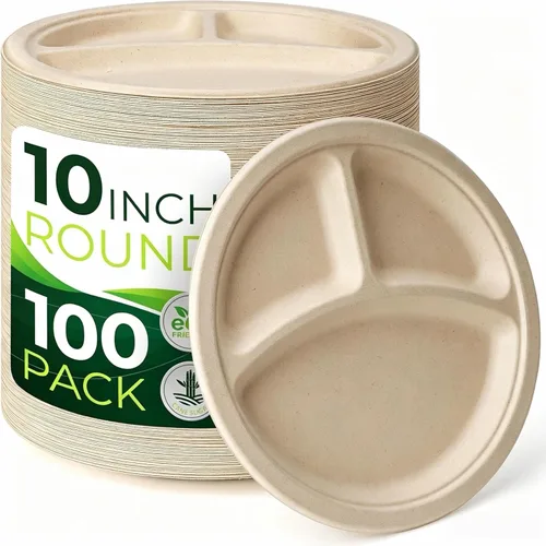 150 platos de papel marrón 100% compostables de 10 pulgadas, platos desechables resistentes de 3 compartimentos, platos seccionales ecológicos,