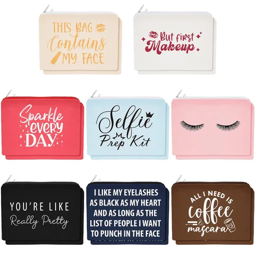 Miniatura 7 de Weewooday 16 paquetes de bolsas de maquillaje a granel multicolor divertidas de lona, bolsas de cosméticos para viajes, bolsas inspiradoras